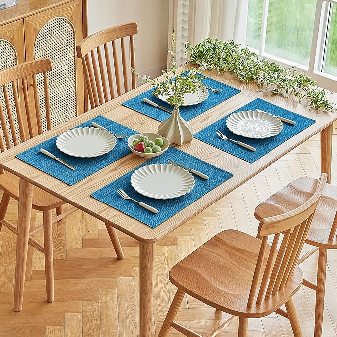 Softalker Faux Linen Placemats Set of 8-12 x 18 Inch, Heat Resistant Double Layered Durable Burlap Farmhouse Place Mats, Non-Slip Washable Rustic Table Mats for Dining, Kitchen, Party（Sky Blue