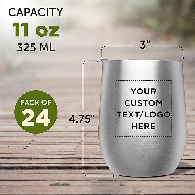 Custom Stemless Wine Glass Tumblers with Lids by Largo 11 oz. Set of 24, Personalized Bulk Pack - Perfect for Wine, Cocktails, Other Hot & Cold Beverages - Silver