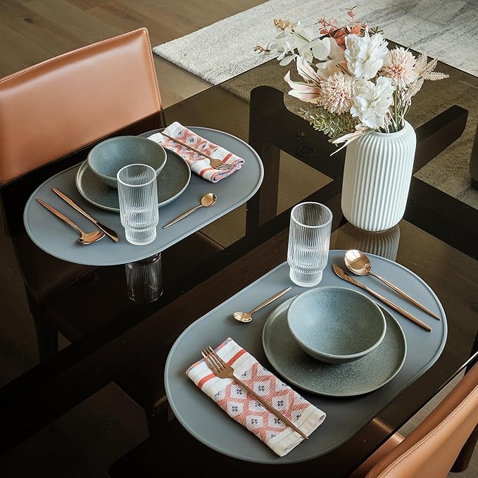LINE+ARC Waterproof, Stain-Resistant, Heat-Safe Silicone Degrē Placemats (20.5x13, Set of 2 Smoke) 3mm-High Rim Adults Babies Easy-to-Clean Washable Oval Modern Non-Slip Large Dining Table Mats