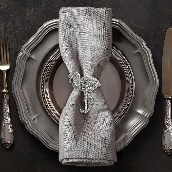 Decozen Set of 4 Silver Napkin Rings in Flamingo Design Festive Table Decor Setting for Holiday Wedding, Birthday, Kitchen, Home Decor Housewarming Gift - Mothers Day Decorations