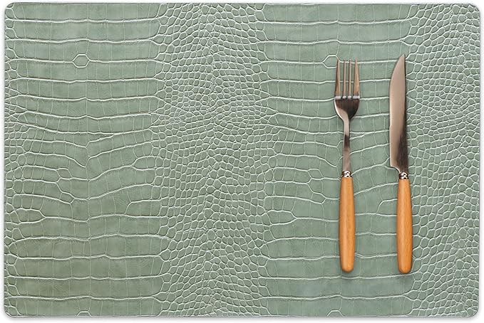 Jovono Faux Leather Placemats Set of 6, Waterproof Heat Resistant Dinner Place Mats for Dining Table, Non-Slip Crocodile Embossed, Green (17.8x11.8 Inch)
