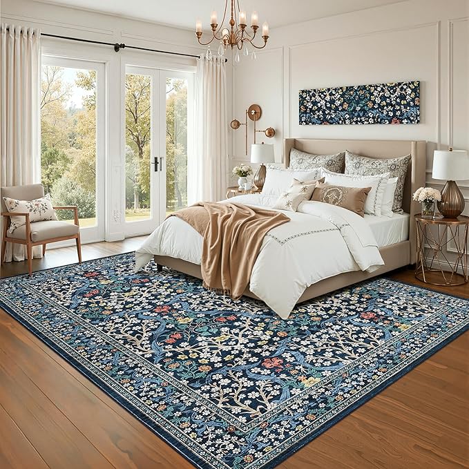 GarveeHome 8x10 Area Rugs, Washable Rugs for Living Room Non Slip Stain Resistant Ultra Soft Floral Rug, Boho Carpet Floor Mat for Bedroom Dining Room Nursery Playroom Office, Dark Blue