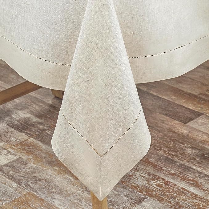 D'Moksha Homes Light Natural Linen Tablecloth for Rectangle Tables 60 x 144 Inch - 100% Pure Linen Natural Table Cloth - Classic Hemstitch, Machine Washable Dining Tablecloth for Valentines, Easter