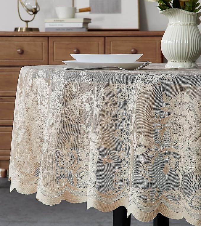 Warm Home Designs 90 Inch Round Tablecloth with English Rose Design. Use as Circle Tablecloth, Rustic Tablecloth or as Elegant Lace Table Cloth. Linen Gold Table Clothes for 6-8 Guests. LTC Linen 90"