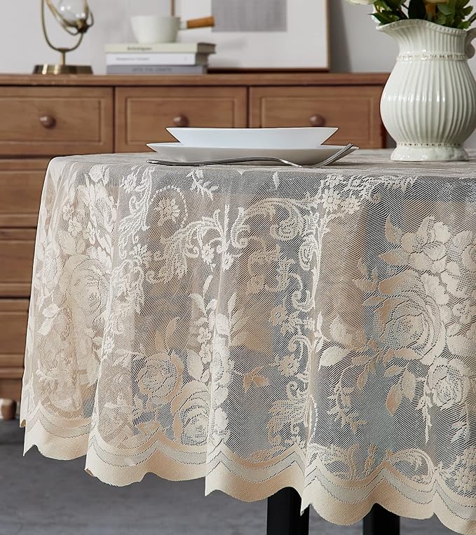 Warm Home Designs 60 x 84 Lace Tablecloth. Golden Linen Oval Tablecloth with English Rose Design. Oval Table Cloth, Rustic Tablecloth or Dining Table Cover for 6-8 Guests. LTC Linen Oval 84"