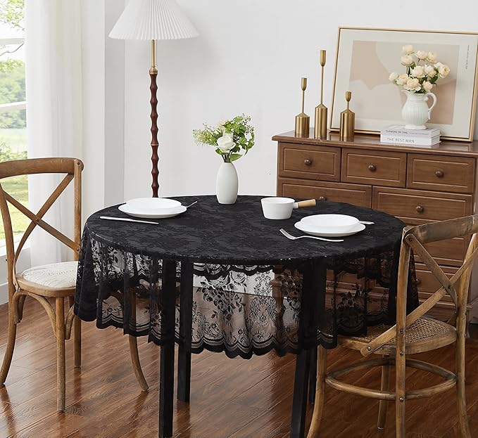Warm Home Designs 36 Inch Round Tablecloth with English Rose Design-Round Coffee Table Cover. LTC Black 36"