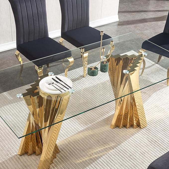 70" Glass Dining Table,Gold Dinner Room Glass Table for 6 8,Modern Kitchen Dinner Table with Stainless Steel Base and Clear Tempered Glass Top for Living Dining Room