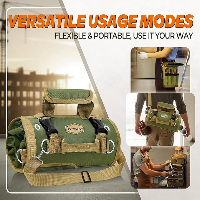 Heavy Duty Canvas Tool Roll Organizer - Multi-Purpose Wrench Pouch with 6 Zippered Pockets - Compact Car Trunk Storage for Mechanics, Electricians & Off-Road Emergency Kits (Green)