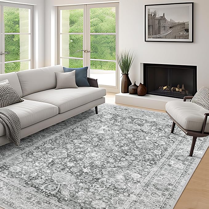Deerly Area Rugs 9x12 Rug Living Room Distressed Area Rugs, Non Slip Large Washable Rugs for Bedroom Dining Room Office, Floor Decoration Big Rug Low-Pile Grey