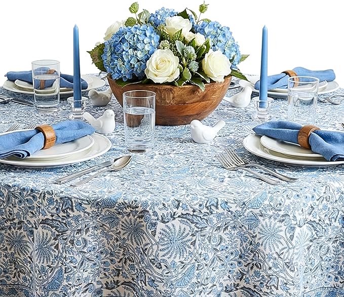 ATOSII Cotton Tablecloth 90" Inches Round Butterfly Blue