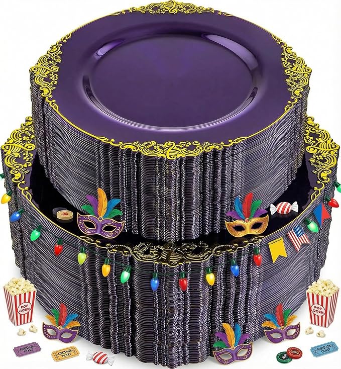 102PCS Purple and Gold Plastic Plates - High End Purple Disposable Plate - Vintage Dinner & Dessert Plates for 51 Guests Birthday Party & Mardi Gras & Wedding