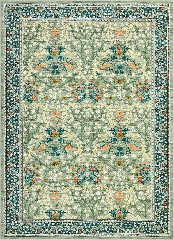 GarveeHome 8x10 Area Rugs, Washable Rugs for Living Room Non Slip Stain Resistant Ultra Soft Floral Rug, Boho Carpet Floor Mat for Bedroom Dining Room Nursery Playroom Office, Sage Green