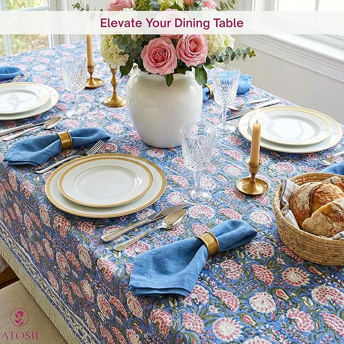 ATOSII Clover Pink 100% Cotton Fall Tablecloth, Handblock Print Rectangle Table Cover for Kitchen Dining Linen I Parties, Weddings, Outdoors, Easter Table Cloth Decor 60 X 108 Inches I 8 Seater