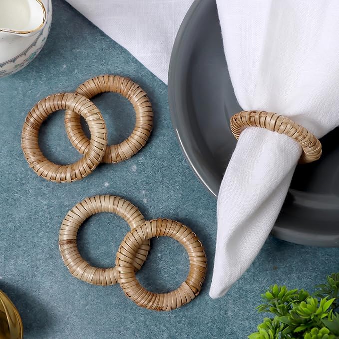 CLEENTABLE Woven Napkin Rings Set of 12 - Handmade Rattan Napkin Holders for Farmhouse Table Décor, Rustic Holiday Dining, Wedding, Thanksgiving, Christmas & Everyday Use (Natural)