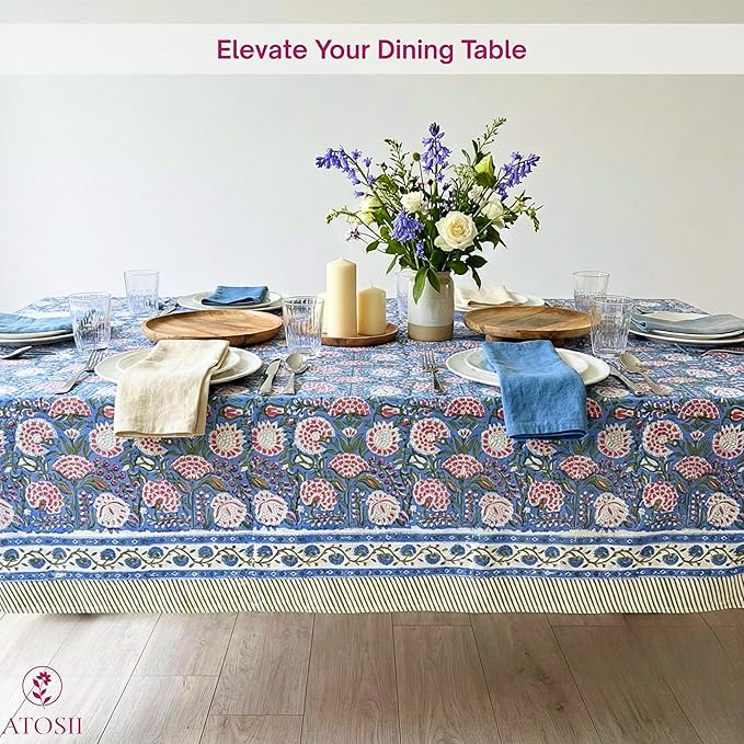 ATOSII Clover Pink 100% Cotton Fall Tablecloth, Handblock Print Rectangle Table Cover for Kitchen Dining Linen I Parties, Weddings, Outdoors, Easter Table Cloth Decor 60 X 90 Inches I 6 Seater