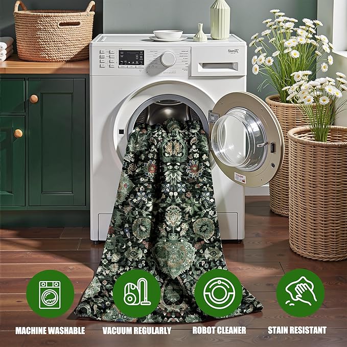 Runner Rugs 3x8 Boho Washable Area Rugs for Entryway Bathroom Kitchen, Long Rugs for Hallway Soft Low Pile Non-Slip Rubber Backing Oriental Dark Green