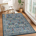 GarveeHome 4x6 Washable Area Rug for Living Room, Floral Large Entryway Kitchen Rug Non Slip, Ultra Soft Stain Resistance Carpet for Bedroom Laundry Room, Dark Blue