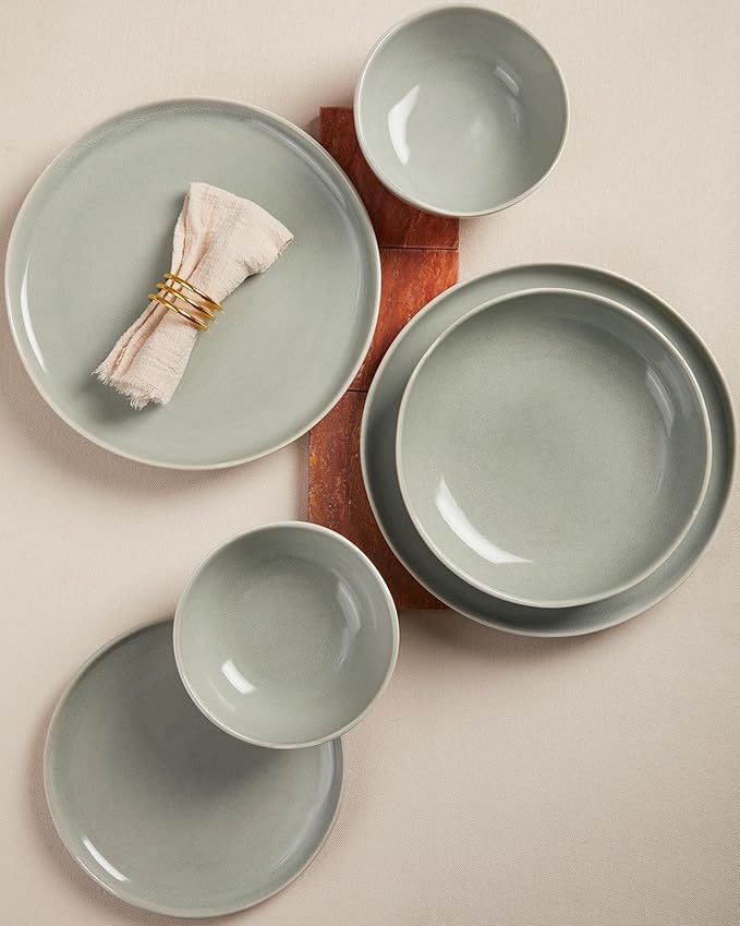 24 Pieces Dinnerware Set for 6 with Pasta Bowls, Complete Ceramic Dish Set, Stackable & Glossy Stoneware Plate and Bowl Set for Effortless Everyday Hosting, Gray Green