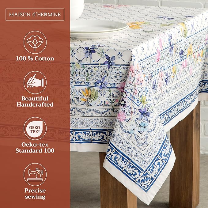 Maison d' Hermine Table Cloth Rectangle Table 100% Cotton 54 x 72 Inches Tablecloth Reusable Decorative for Dining Room Farmhouse Home Valentines Day Decorations Spring Summer - Faience