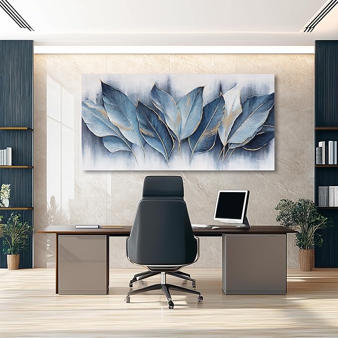 Framed Art Wall Decorations Blue Leaves Canvas Wall Art Abstract Art Modern Artwork For Living Room Bedroom Dining Room Home Office Decor 24"X48"