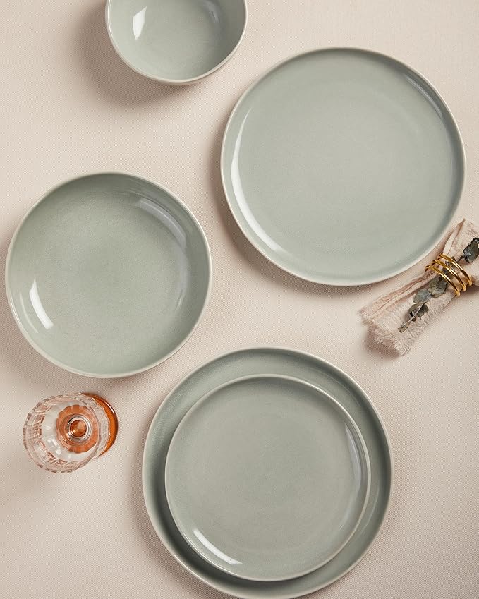 Dinnerware Sets for Family of 6, Ceramic Plates and Bowls Set, Kitchen Dish Set, Microwave & Dishwasher Safe Dishware, Highly Durable Reactive Glazed Dinner Set, Gray Green