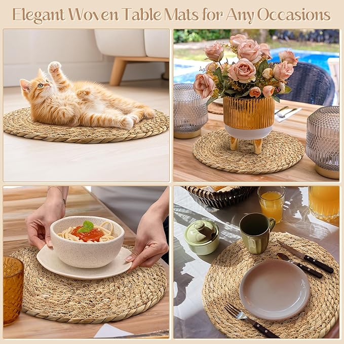 Aneco 12 Pack 12-Inch Round Woven Placemats Natural Hand-Woven Boho Rattan Wicker Bulrush Placemat Farmhouse Rustic Braided Table Mats for Dining & Kitchen Decor