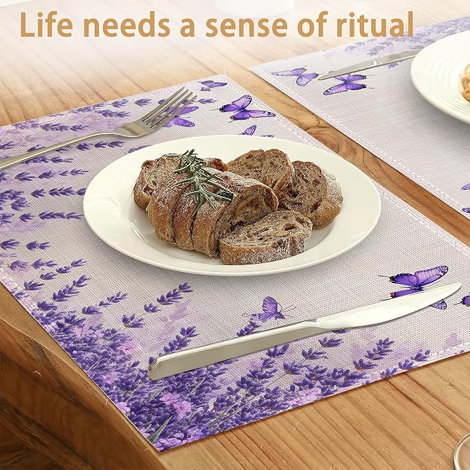 6 Pcs Placemats,Lavender Butterfly Placemat,Purple Table Mats Washable Recyclable Table Placemats for Indoor Outdoor Heat Resistant Kitchen Dining 12"x18"