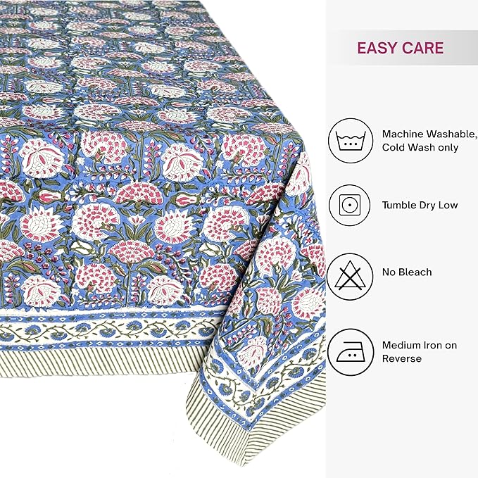 ATOSII Clover Pink 100% Cotton Fall Tablecloth, Handblock Print Rectangle Table Cover for Kitchen Dining Linen I Parties, Weddings, Outdoors, Easter Table Cloth Decor 60 X 90 Inches I 6 Seater