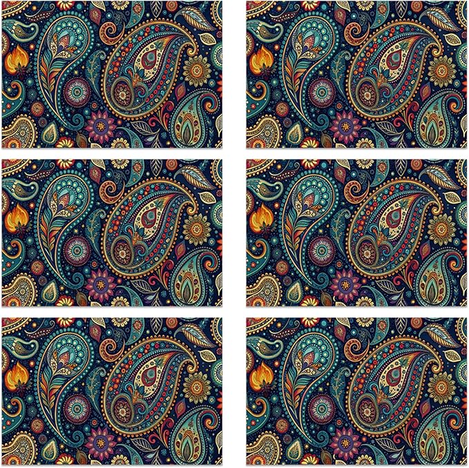 Table Placemats Set of 6 Indian Vintage Paisley Pattern Blue Place Mats Washable Kitchen Dining Linen Table Mats Stain Heat, for Home Party Indoor 12x18 in