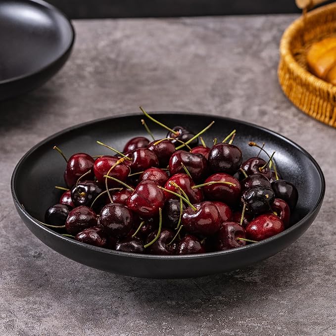 Ceramic Serving Bowls with Wooden Spoons Set of 2, Large Serving Bowl for Dinner Salad Soup Pasta Dessert Fish Fruit Chicken Bread, Oven Dishwasher Safe, 50oz Bowl for Entertaining, 9.75" Pure Black