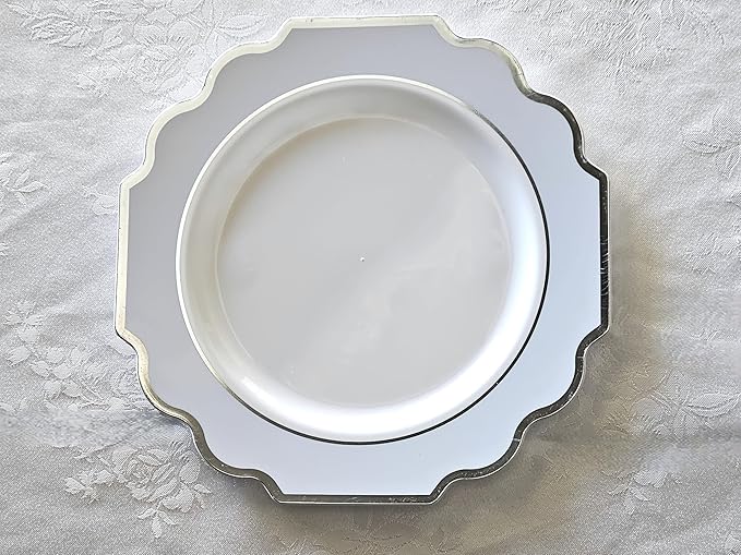 " OCCASIONS " 80 Plates Pack,(40 Guests) Heavyweight Premium Wedding Party Disposable Plastic Plates Set -40 x 10.5'' Dinner + 40 x 8'' Salad/Dessert (Imperial in White/Blue & Silver)