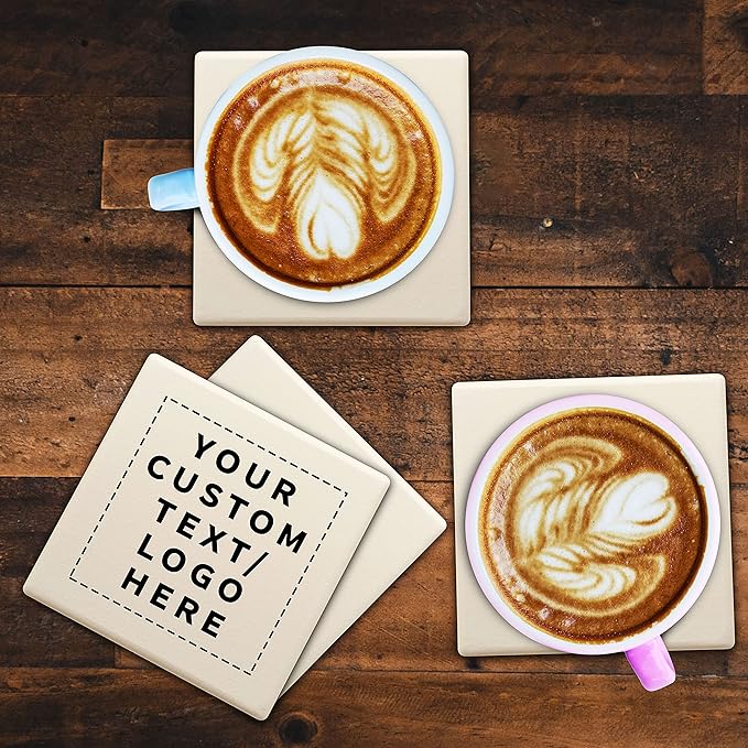 10 4" Square Ceramic Coasters Set - Customizable Text, Logo - Cork Bottom, Serve Ware - Natural