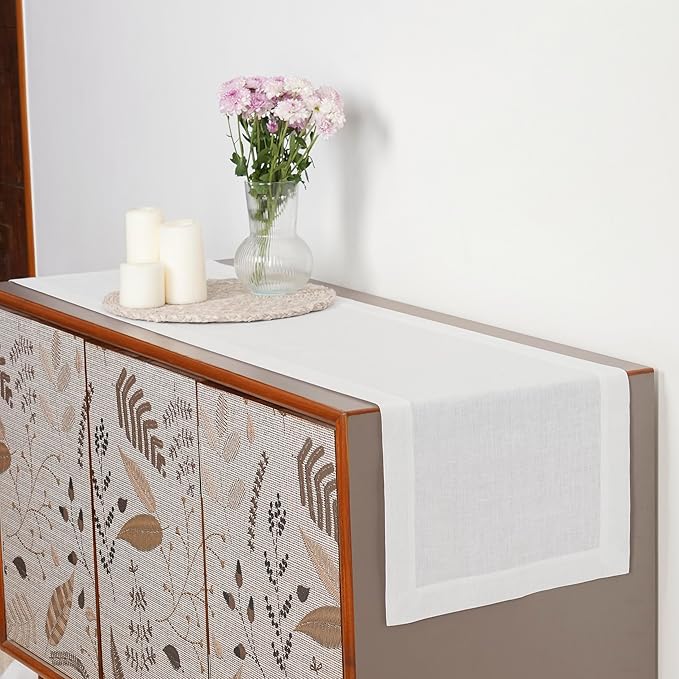 D'Moksha Homes Linen White Table Runner 72 Inches Long - 100% Pure Linen 14 x 72 Inch Table Runner for Dining, Valentines, Spring, Easter - Machine Washable