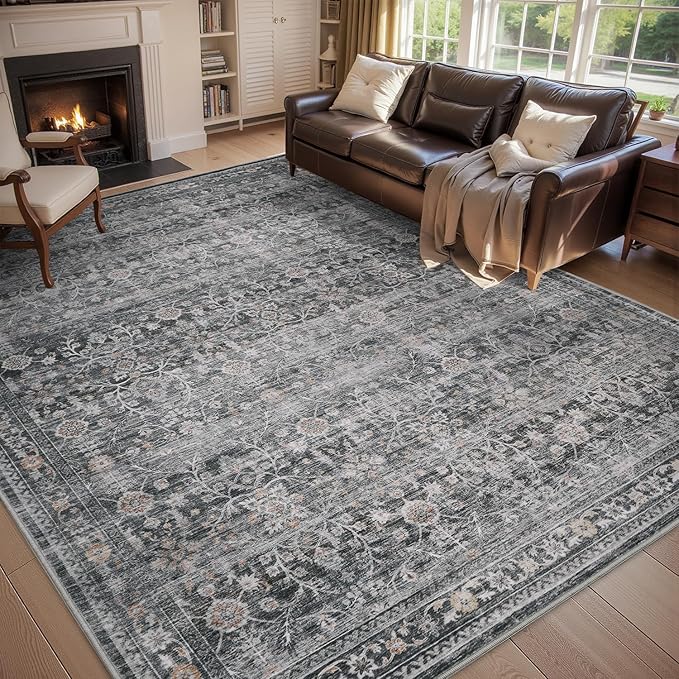 MontVoo-Vintage Area Rugs 8X10 Darkgrey Rugs for Living Room-Soft Distressed Printed Rugs for Bedroom-Non Slip Carpet-Machine Washable Rug for Dining Room Living Room Bedside Office
