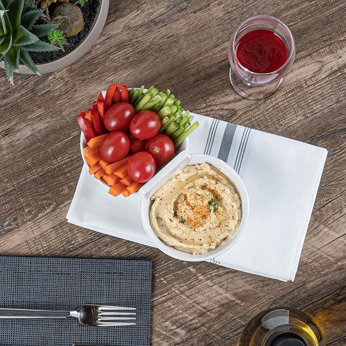 Restaurantware Voga 8.5 Ounce Divided Serving Dishes 10 Round Condiment Serving Dishes - 2 Compartments Serve Appetizers Snacks Dips Or Dressings White Melamine 2 Compartment Dishes