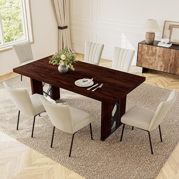 7-Piece Dining Table Set for 6 People, 70.8" MDF Kitchen Table with 6 Velvet Chairs, Space-Saving for Dining Room, Breakfast Nook(Walnut Table+6 Beige Chairs)
