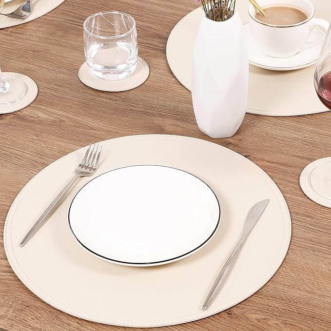 Set of 6 Faux Leather Round Placemats and Coasters, Coffee Mats Kitchen Table Mats, Waterproof, Easy to Clean for Kitchen Dining Round Table