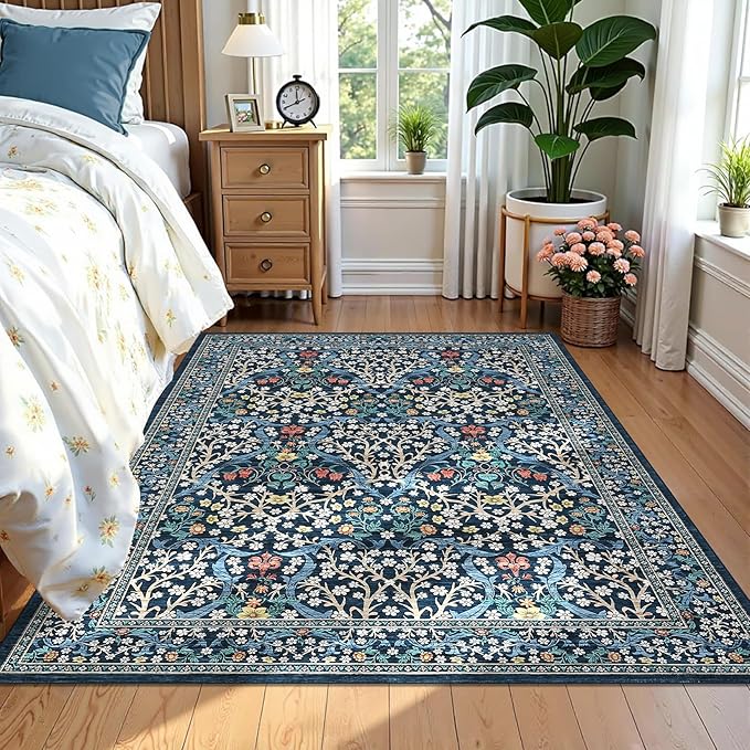 GarveeHome 4x6 Washable Area Rug for Living Room, Floral Large Entryway Kitchen Rug Non Slip, Ultra Soft Stain Resistance Carpet for Bedroom Laundry Room, Dark Blue