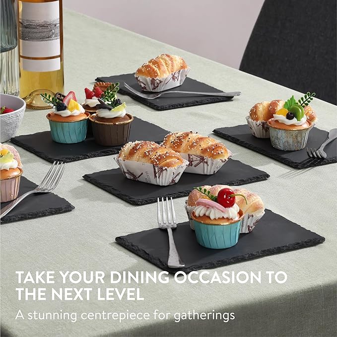 Navaris Slate Plates - Food Contact Safe Black Stone Plates - Cheese Platter Charcuterie Boards Serving Plates - Stone Slab Plate Cheese Board - Set of 6-9.1 x 5.9 (23 x 15cm)