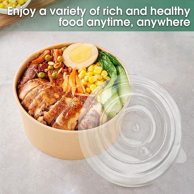 Ginkgo 30 oz Disposable Meal Prep Containers with Lids, Large Paper Bowls Bulk for Hot Soup, Food, Salad, Ice Cream, Dessert, Cereals, 60 Count
