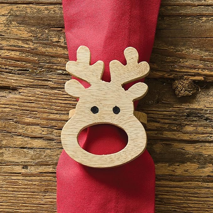 Split P Ginger Deer Napkin Ring Set of 4 | Wooden Reindeer Napkin Holders for Christmas Table Décor | 3.25" x 2.3" | Festive Farmhouse Holiday Napkin Rings