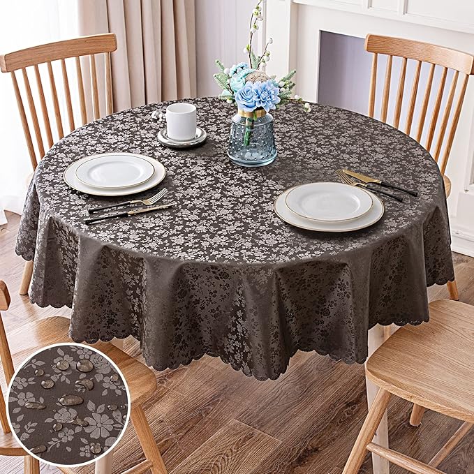 Smiry Round Table Cloth, Waterproof Heavy Duty Vinyl Tablecloths, Wipeable Washable Table Cover for Kitchen and Dining Room (Coffee, 60" Round)