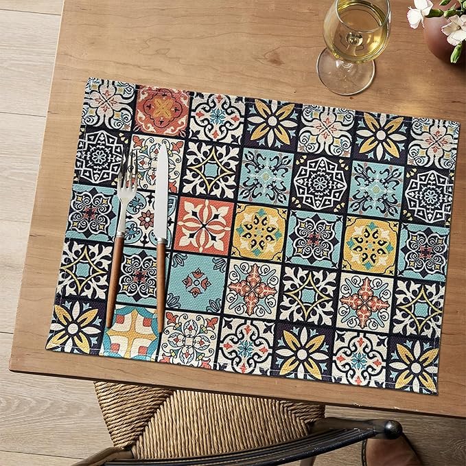 Mandala Bohemian Placemats Set of 6 Two-Sided Washable Table Placemat Boho Mat Fabric Cloth Vintage Flower for Farmhouse Kitchen Outdoor Dining Decor 12x18 Inch (Bohemian A)