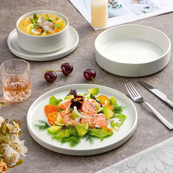 Herogo 8 Piece Dinnerware Sets with Pasta Bowls for 2, Dinner Salad Plates and Cereal Serving Bowls, Stoneware Dishes Dinner Ware for Kitchen Dining, Chip & Scratch Resistant Dishware, Speckled White