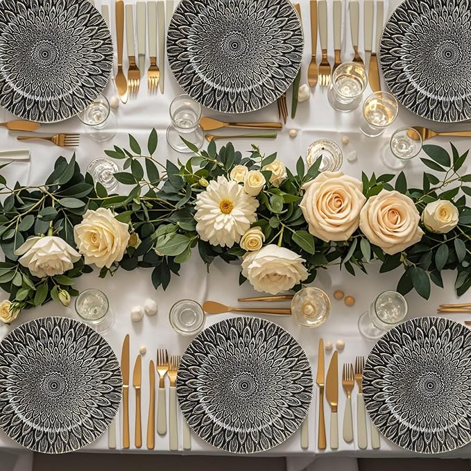 Black Charger Plates, 13 Inch Set of 6 Plastic Peacock Chargers for Dinner Plates,Table Settings, Easter, Thanksgiving, Christmas Party, Family Gathering.