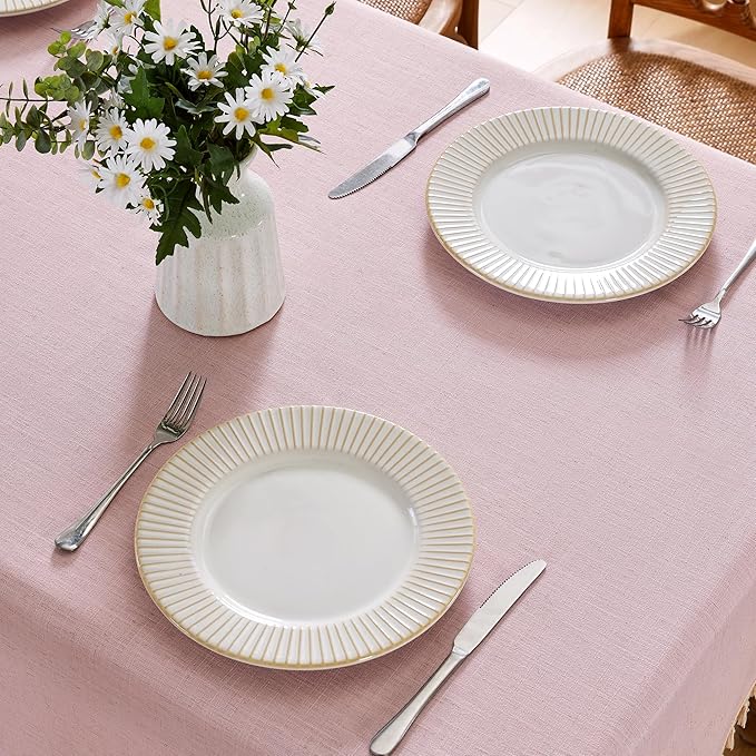 JIALE Valentines Textured Tablecloth, Heavy Duty Linen Style Farmhouse Table Cloth Rectangle Tables, Wrinkle-Free Washable Waterproof Table Cover for Kitchen, Dining, Parties, 55"x90", Pink