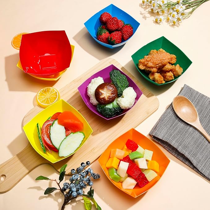Tanlade 50 Pcs Square Plastic Serving Bowls Disposable Snack Salad Bowl Small Party Candy Bar Containers Taco Bar Serving Dishes for Buffet Chips Fruit (8 oz,Rainbow Colors)