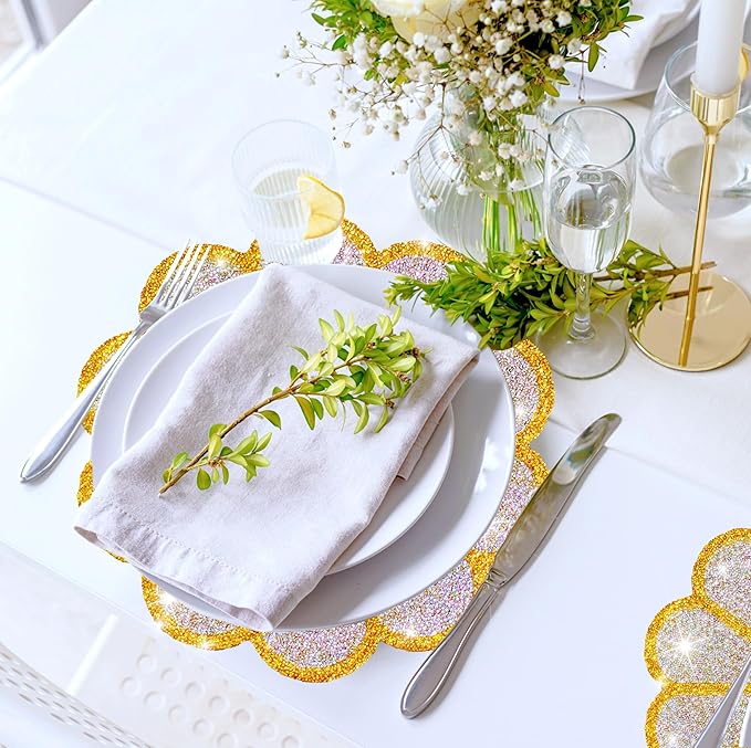 Washable Waterproof Diamond Circle Placemats for Round Tablescape Decor for Dinner and Kitchen Bling Placemats for Weddings & Special Events-12 PCS (Yellow)