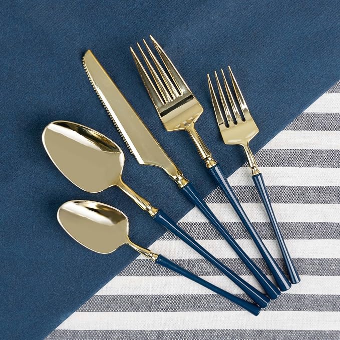 PlasticPro 20 Count Gold and Navy Plastic Soup Spoons Premium Quality Heavy Duty Disposable Elegant Silverware Two Tone Soup Spoons for Party