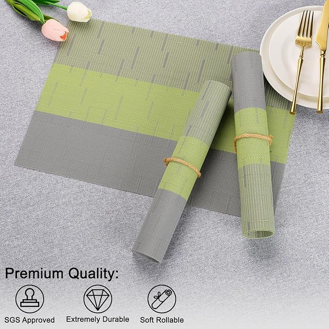 Placemats Set of 6, Vinyl Woven Place Mats Indoor Set of 6 Washable Wipeable PVC Table Mats Heat-Resistant Non Slip Placemat for Kitchen Dining Outdoor Table (Gray Grass Green, Set of 6)